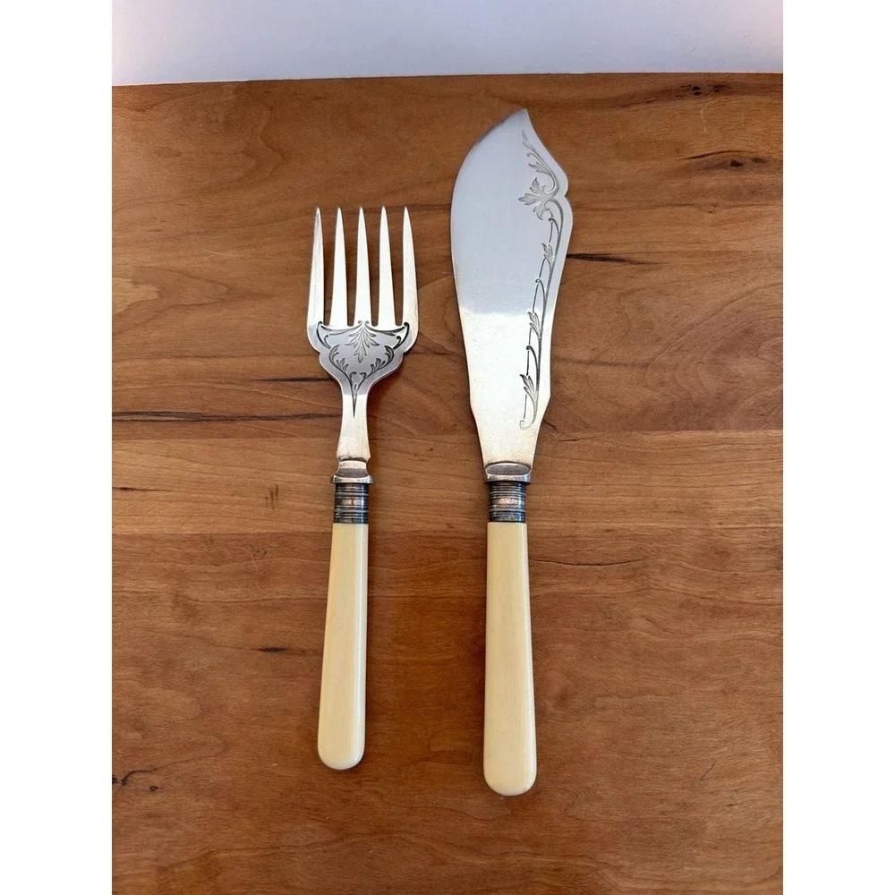 Antique HH EPNS Engraved Fish Serving Set with Faux Bone Handles